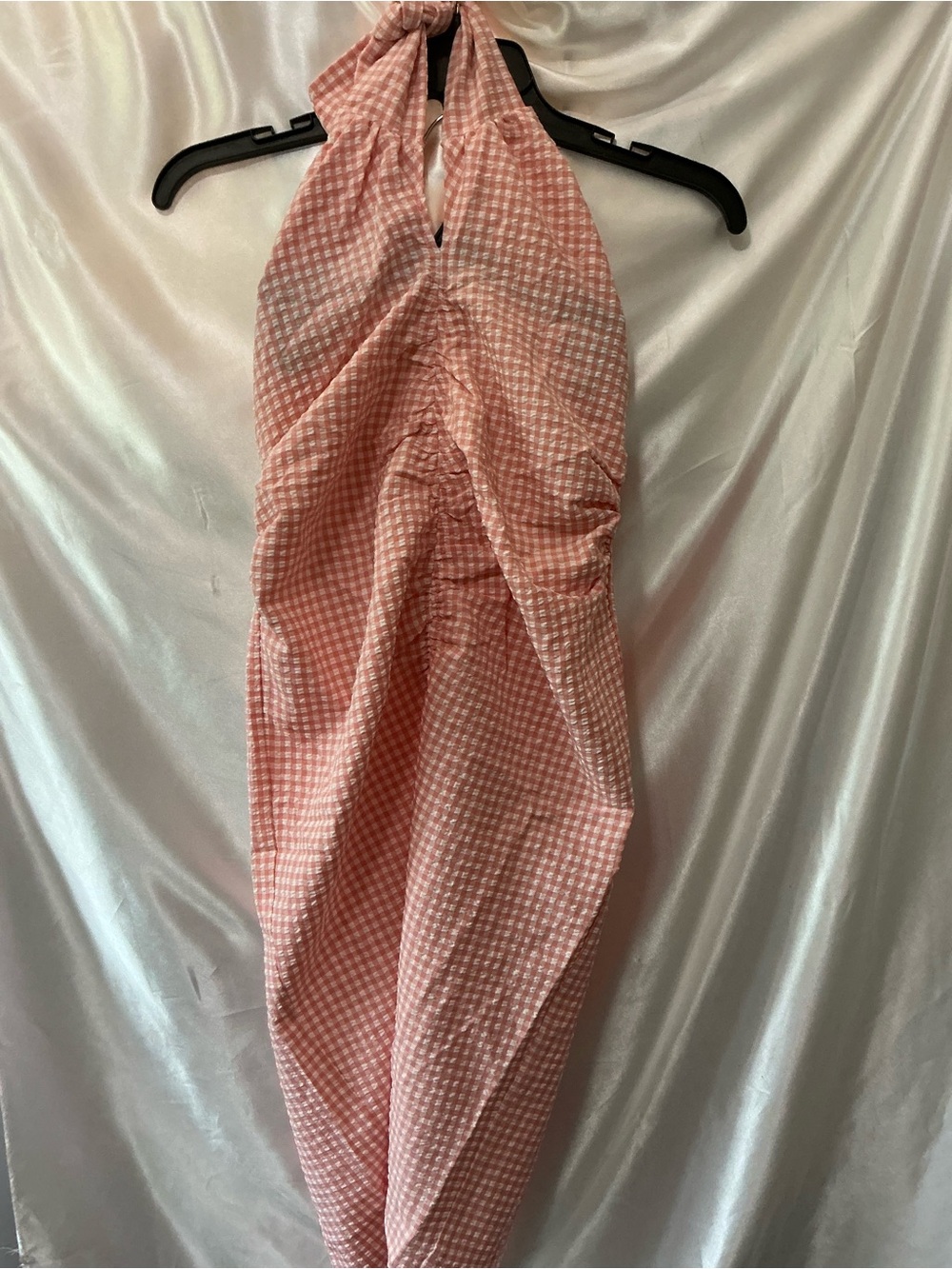 NWT Mango MNG Pink Gingham Ruched Halter Mini Dress XS